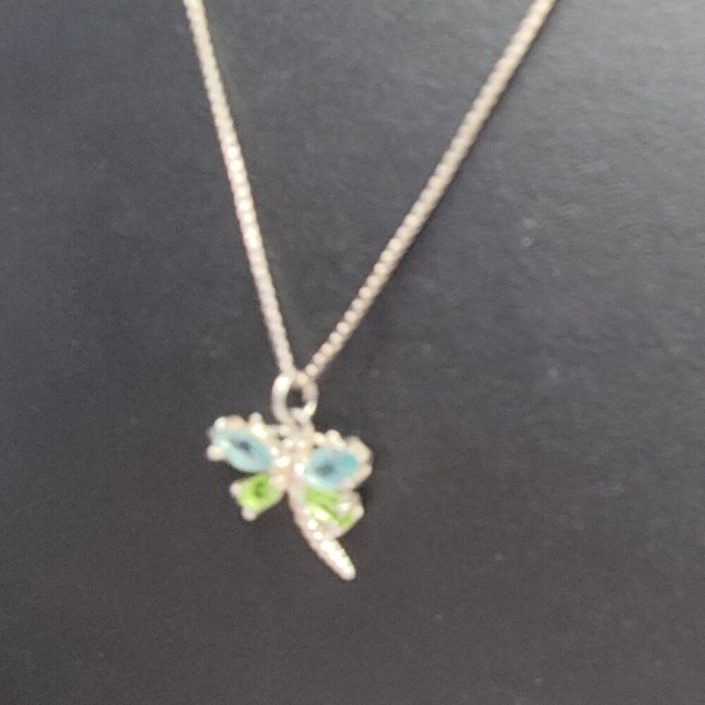 Swarovski Crystal Dragonfly Pendant Necklace 925 Sterling Silver 18" Chain Blue - Picture 10 of 10